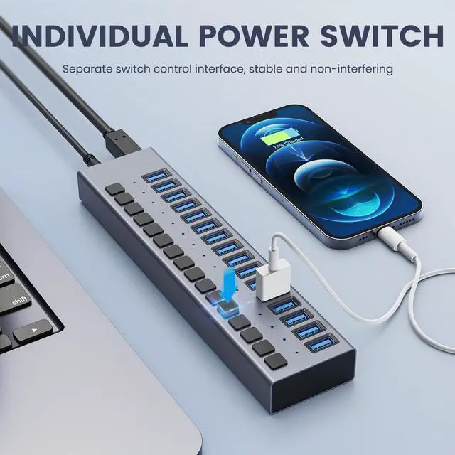 Alt view image 4 of 7 - Powered USB Hub - 16 Ports 90W USB 3.0 Data Hub, Individual On/Off Switches, 12V/7.5A Power Adapter, 5Gbps High Speed, USB 3.0 Splitter for Laptop, PC, Computer, Mobile HDD, Flash Drive