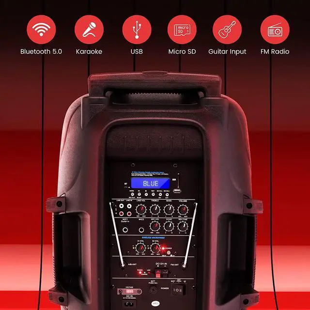 Alt view image 3 of 7 - Pyle 1600 Watt, 15" Bluetooth PA Speaker-Indoor/Outdoor Portable Sound System with (2) UHF Wireless Microphones Rechargeable Battery, Audio Recording, USB/SD Readers, FM Radio