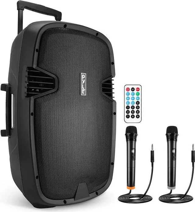 Main image of Pyle 1600 Watt, 15" Bluetooth PA Speaker-Indoor/Outdoor Portable Sound System with (2) UHF Wireless Microphones Rechargeable Battery, Audio Recording, USB/SD Readers, FM Radio