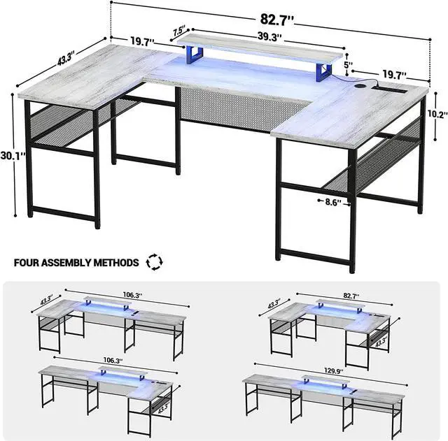 Alt view image 3 of 7 - U Shaped Computer Desk with Power Outlet and LED Strip, Reversible L Shaped Office Desk with Monitor Stand and Bookshelf, Modern U- Shape Corner Desk, 130 Inch 2 Person Gaming Table, White Oak