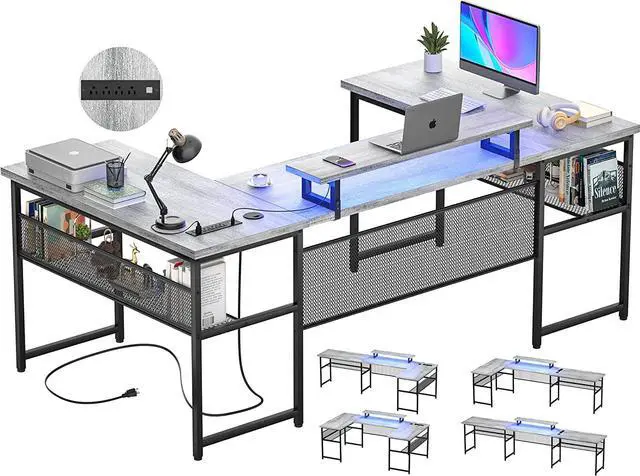 Main image of U Shaped Computer Desk with Power Outlet and LED Strip, Reversible L Shaped Office Desk with Monitor Stand and Bookshelf, Modern U- Shape Corner Desk, 130 Inch 2 Person Gaming Table, White Oak