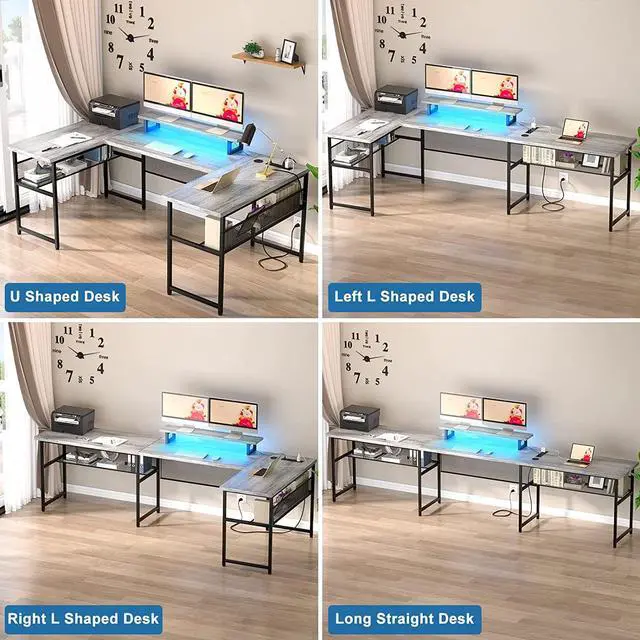 Alt view image 4 of 7 - U Shaped Computer Desk with Power Outlet and LED Strip, Reversible L Shaped Office Desk with Monitor Stand and Bookshelf, Modern U- Shape Corner Desk, 130 Inch 2 Person Gaming Table, White Oak