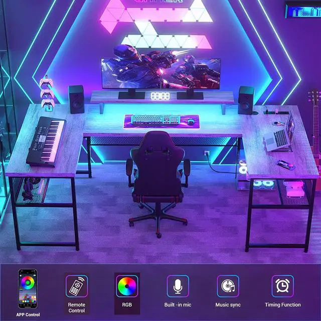 Alt view image 7 of 7 - U Shaped Computer Desk with Power Outlet and LED Strip, Reversible L Shaped Office Desk with Monitor Stand and Bookshelf, Modern U- Shape Corner Desk, 130 Inch 2 Person Gaming Table, White Oak