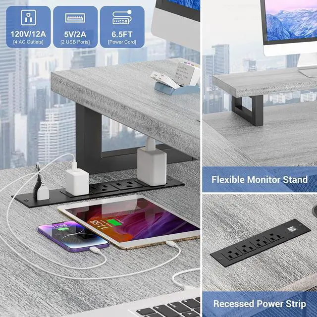 Alt view image 5 of 7 - U Shaped Computer Desk with Power Outlet and LED Strip, Reversible L Shaped Office Desk with Monitor Stand and Bookshelf, Modern U- Shape Corner Desk, 130 Inch 2 Person Gaming Table, White Oak