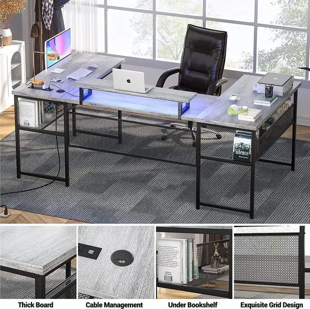 Alt view image 6 of 7 - U Shaped Computer Desk with Power Outlet and LED Strip, Reversible L Shaped Office Desk with Monitor Stand and Bookshelf, Modern U- Shape Corner Desk, 130 Inch 2 Person Gaming Table, White Oak