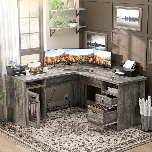 Naomi Home L Shaped Desk with Drawers, 60 Inch Corner Computer Desks, Large  L-Shaped Office Table with Open Shelves, 2 Person Home Office Desk with