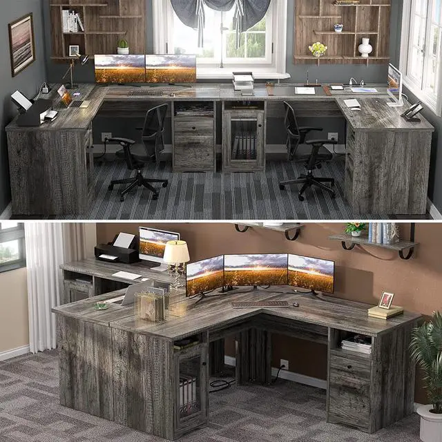 Alt view image 6 of 7 - L Shaped Desk with Drawers, 60 Inch Corner Computer Desks with USB Charging Port and Power Outlet, Large L-Shaped Office Table, 2 Person Home Office Desk with File Cabinet, Black Oak