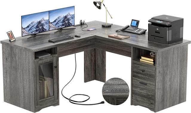 Naomi Home L Shaped Desk with Drawers, 60 Inch Corner Computer Desks, Large  L-Shaped Office Table with Open Shelves, 2 Person Home Office Desk with