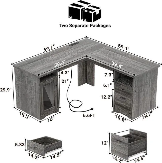 Alt view image 4 of 7 - L Shaped Desk with Drawers, 60 Inch Corner Computer Desks with USB Charging Port and Power Outlet, Large L-Shaped Office Table, 2 Person Home Office Desk with File Cabinet, Black Oak