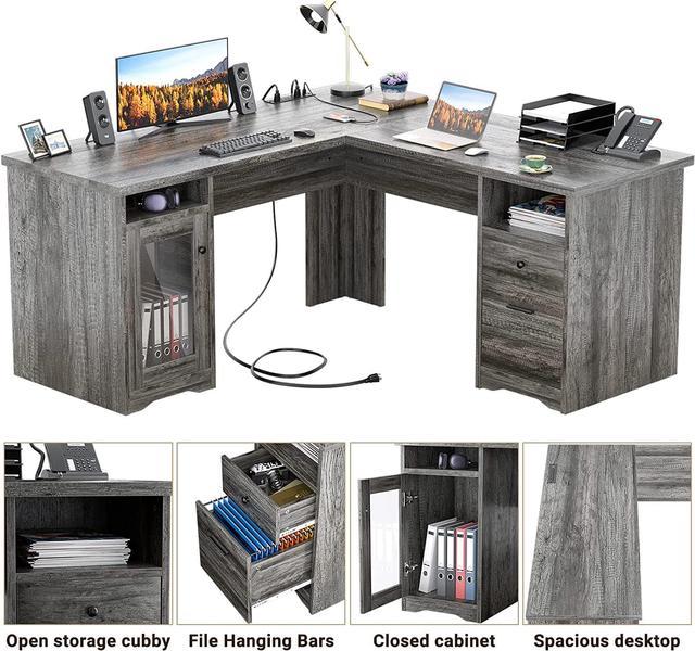 Naomi Home L Shaped Desk with Drawers, 60 Inch Corner Computer Desks, Large  L-Shaped Office Table with Open Shelves, 2 Person Home Office Desk with