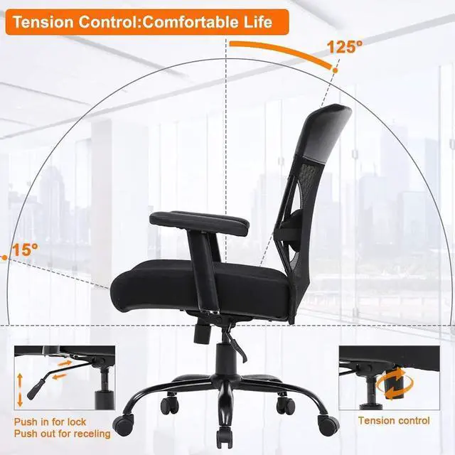 Alt view image 3 of 7 - Big and Tall Office Chair 500lbs Wide Seat Desk Chair Ergonomic Computer Chair Task Rolling Swivel Chair with Lumbar Support Armrest Adjustable Mesh Chair for Adults Women, Black