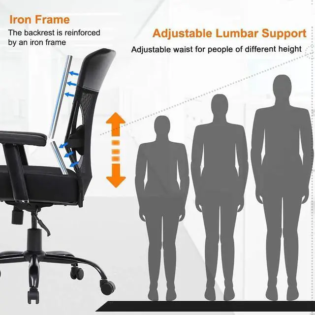 Alt view image 5 of 7 - Big and Tall Office Chair 500lbs Wide Seat Desk Chair Ergonomic Computer Chair Task Rolling Swivel Chair with Lumbar Support Armrest Adjustable Mesh Chair for Adults Women, Black