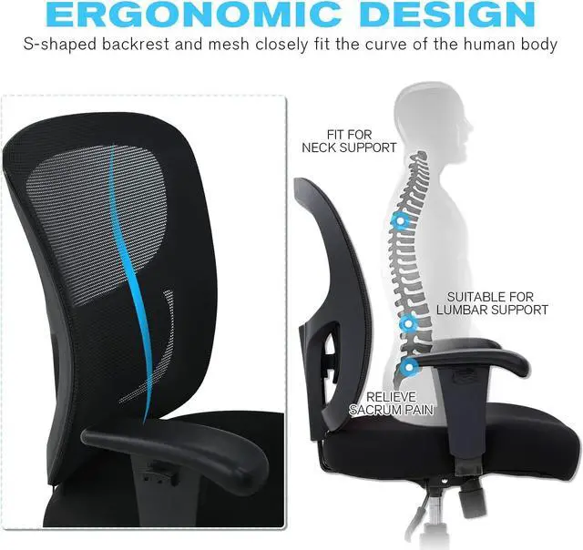 Alt view image 4 of 7 - Big & Tall Office , Desk 400 lbs Computer Mesh Chair for Heavy People Height Adjustable Rolling Desk Chair with Ergonomic Lumbar Support for Home, Office (Black)