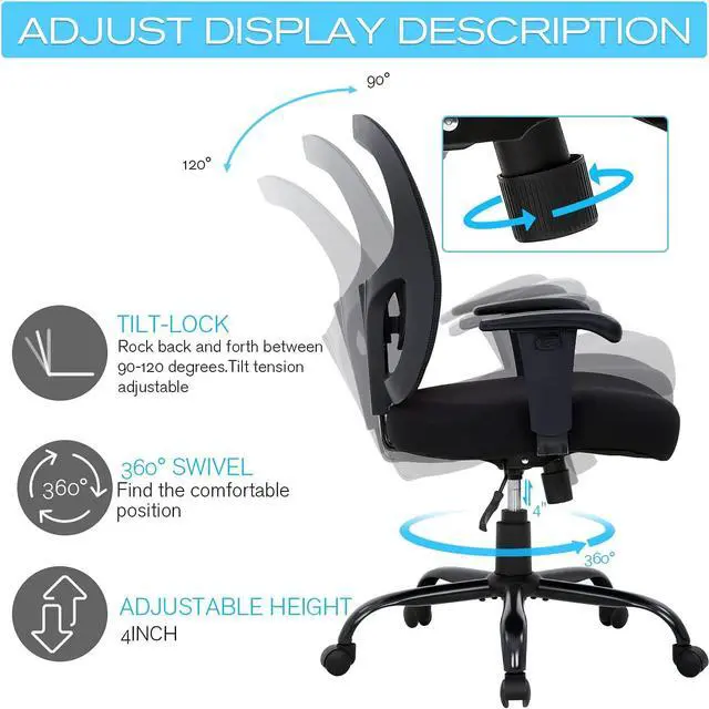 Alt view image 3 of 7 - Big & Tall Office , Desk 400 lbs Computer Mesh Chair for Heavy People Height Adjustable Rolling Desk Chair with Ergonomic Lumbar Support for Home, Office (Black)