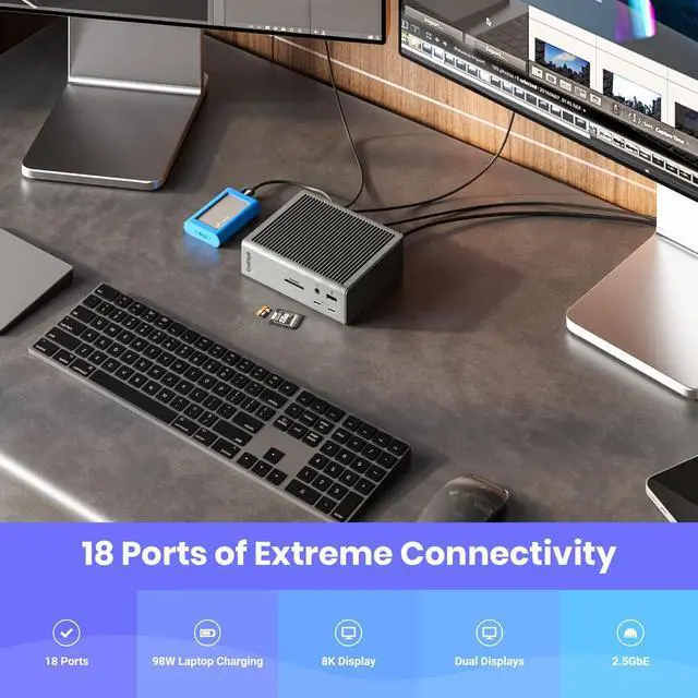 Alt view image 3 of 7 - Thunderbolt 4 Dock - 18 Ports, 98W Charging, 3x Thunderbolt 4 40Gb/s, 5 x USB-A, 3 x USB-C (10Gb/s), 2.5GbE, Single 8K or Dual 6K 60Hz Displays, Mac, PC, Chrome Compatible with 0.8m Cable