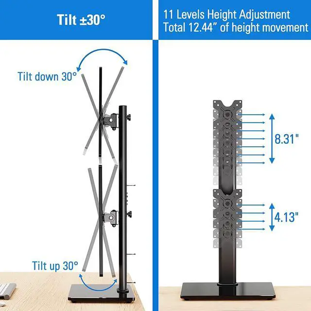 Alt view image 4 of 7 - Vertical Dual Monitor Stand, Stack Two Screens up to 32 inches,33 Lbs, Free-Standing Monitor Desk Mount, Monitor Riser with Swivel, Tilt, Height Adjustable, VESA Stand 100 x 100mm, 75 x 75mm