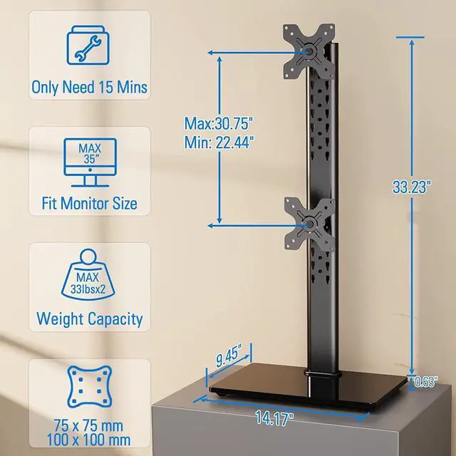 Alt view image 5 of 7 - Vertical Dual Monitor Stand, Stack Two Screens up to 32 inches,33 Lbs, Free-Standing Monitor Desk Mount, Monitor Riser with Swivel, Tilt, Height Adjustable, VESA Stand 100 x 100mm, 75 x 75mm
