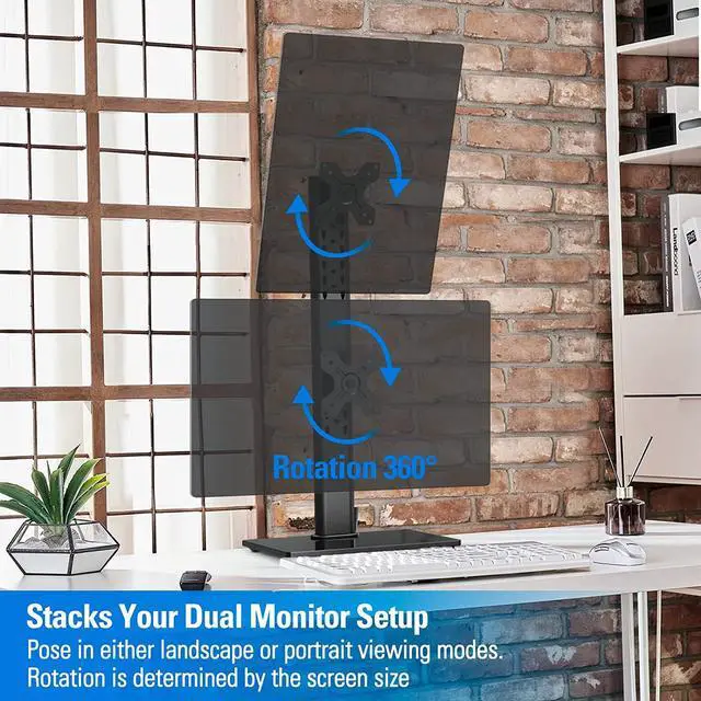 Alt view image 3 of 7 - Vertical Dual Monitor Stand, Stack Two Screens up to 32 inches,33 Lbs, Free-Standing Monitor Desk Mount, Monitor Riser with Swivel, Tilt, Height Adjustable, VESA Stand 100 x 100mm, 75 x 75mm