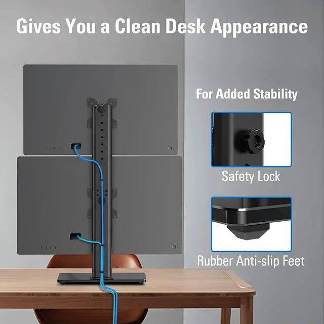 Alt view image 7 of 7 - Vertical Dual Monitor Stand, Stack Two Screens up to 32 inches,33 Lbs, Free-Standing Monitor Desk Mount, Monitor Riser with Swivel, Tilt, Height Adjustable, VESA Stand 100 x 100mm, 75 x 75mm
