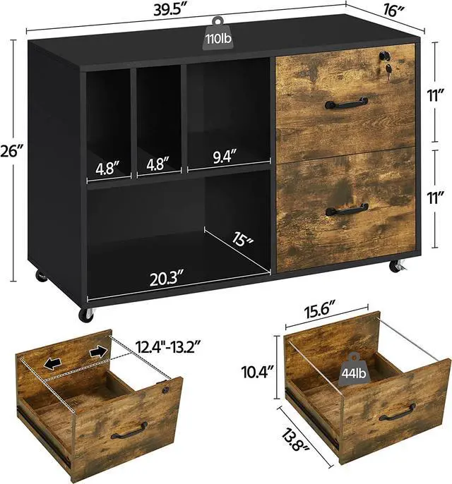 Alt view image 4 of 7 - 2 Drawer Lateral File Cabinets with 4 Open Storage Shelves for Letter Size A4 Size, Mobile Large Filing Cabinet Printer Stand on Wheels for Home Office Black/Rustic Brown