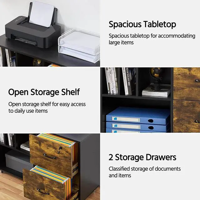 Alt view image 3 of 7 - 2 Drawer Lateral File Cabinets with 4 Open Storage Shelves for Letter Size A4 Size, Mobile Large Filing Cabinet Printer Stand on Wheels for Home Office Black/Rustic Brown
