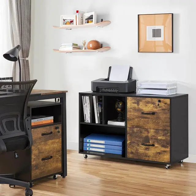 Alt view image 2 of 7 - 2 Drawer Lateral File Cabinets with 4 Open Storage Shelves for Letter Size A4 Size, Mobile Large Filing Cabinet Printer Stand on Wheels for Home Office Black/Rustic Brown