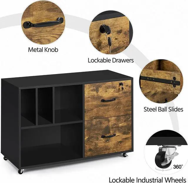 Alt view image 5 of 7 - 2 Drawer Lateral File Cabinets with 4 Open Storage Shelves for Letter Size A4 Size, Mobile Large Filing Cabinet Printer Stand on Wheels for Home Office Black/Rustic Brown