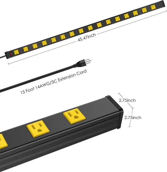 Alt view image 3 of 7 - Long Metal 16 Outlet Power Strip, Wide Spaced Garage Industrial Power Strip, Heavy Duty Power Strip with 15 FT Cord 15A, 125V, 1875W