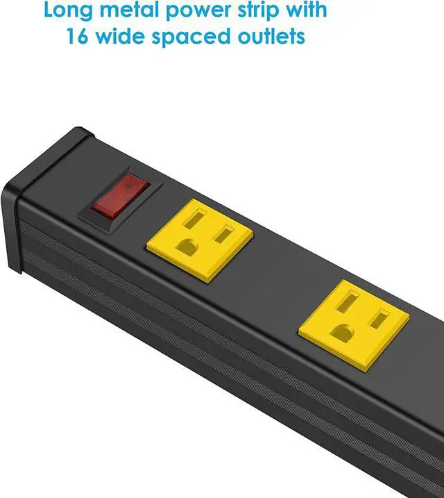 Alt view image 5 of 7 - Long Metal 16 Outlet Power Strip, Wide Spaced Garage Industrial Power Strip, Heavy Duty Power Strip with 15 FT Cord 15A, 125V, 1875W