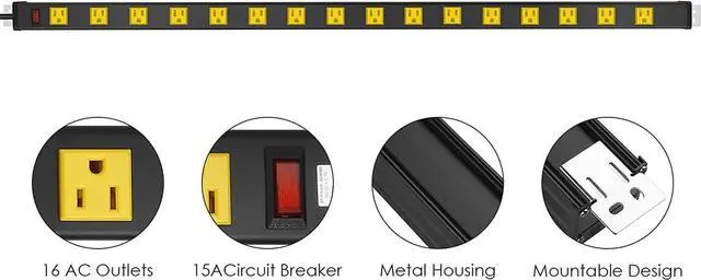 Alt view image 2 of 7 - Long Metal 16 Outlet Power Strip, Wide Spaced Garage Industrial Power Strip, Heavy Duty Power Strip with 15 FT Cord 15A, 125V, 1875W