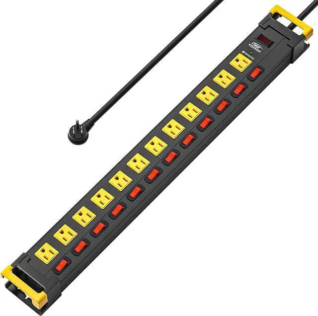 Main image of Heavy Duty Power Strip Surge Protector with Individual Switches, 12 Outlets Power Strips with Cord Manager, 9FT, 1020J, 15AMP/1875W (Black+Yellow) for Garage, Workshop, Shop, Home