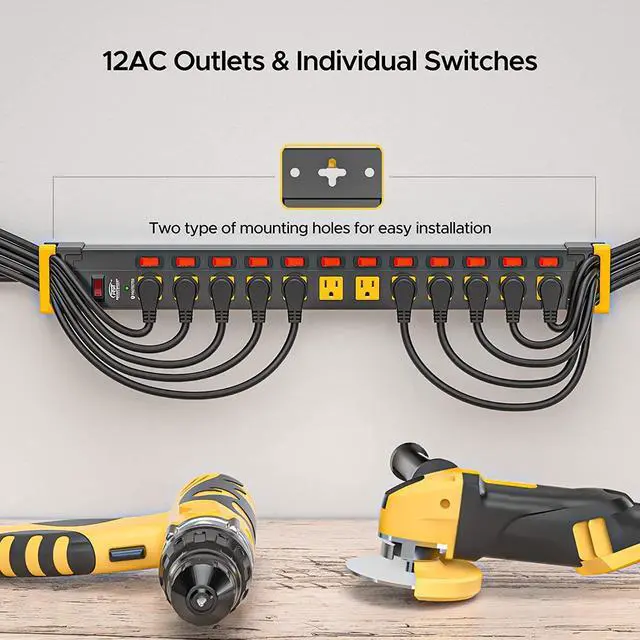 Alt view image 3 of 7 - Heavy Duty Power Strip Surge Protector with Individual Switches, 12 Outlets Power Strips with Cord Manager, 9FT, 1020J, 15AMP/1875W (Black+Yellow) for Garage, Workshop, Shop, Home