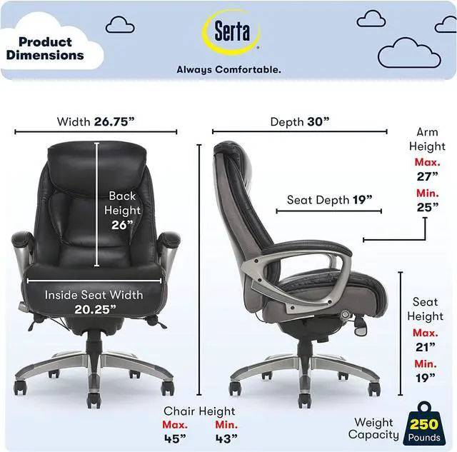 Alt view image 7 of 7 - Serta Executive Office Smart Layers Technology Leather and Mesh Ergonomic Computer Chair with Contoured Lumbar and ComfortCoils, Black and Grey