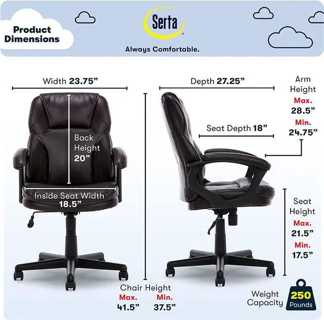 Alt view image 3 of 7 - Serta Manager Office Chair with Layer Body Pillow | Faux Leather with Contoured Lumbar and ComfortCoils | Roasted Chestnut Brown