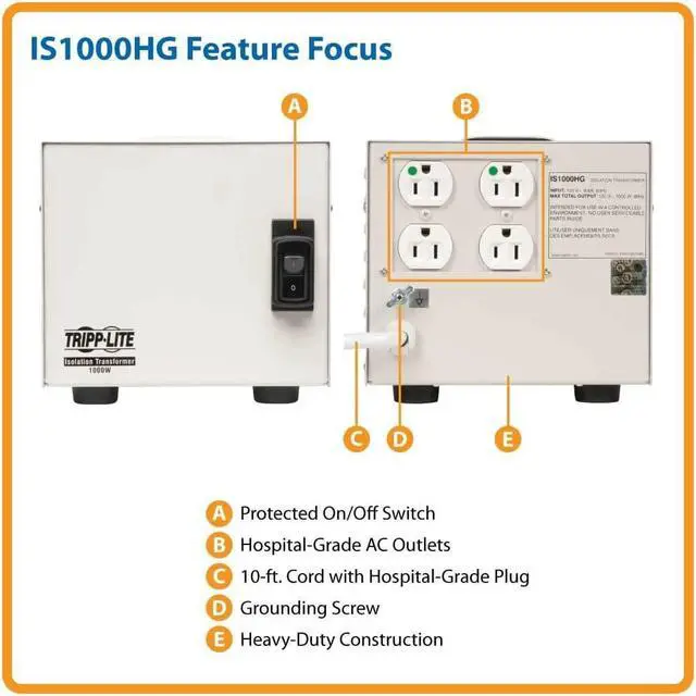 Alt view image 2 of 2 - Tripp Lite IS1000HG Isolation Transformer 1000W Medical Surge 120V 4 Outlet TAA GSA