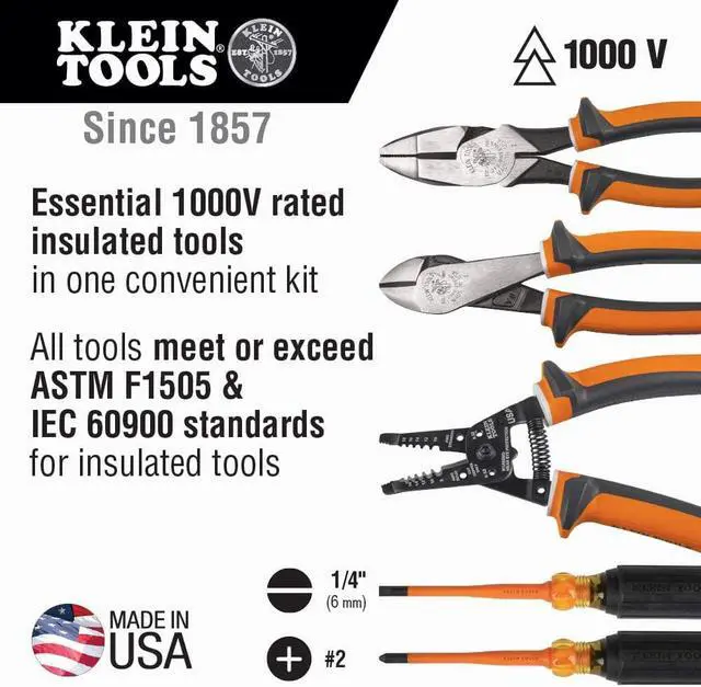 Alt view image 2 of 6 - Klein Tools 94130 1000V Insulated Screwdriver Tool Set with #2 Phillips and 1/4-Inch Cabinet Slim Tips, 2 Pliers and Wire Stripper