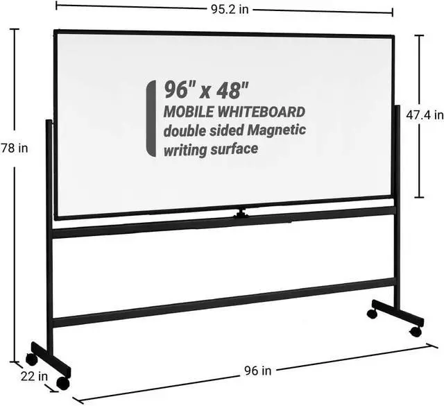 Alt view image 2 of 7 - Mobile Whiteboard 96 x 48, 360° Reversible Double Sided Magnetic Dry Erase Board with Portable Rolling Stand on Wheels, Easel Standing Board with Black Aluminum Frame