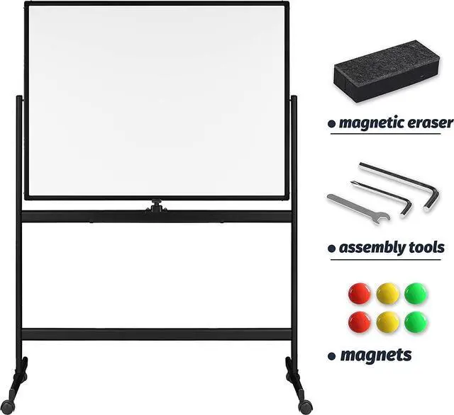 Alt view image 5 of 7 - Mobile Whiteboard 96 x 48, 360° Reversible Double Sided Magnetic Dry Erase Board with Portable Rolling Stand on Wheels, Easel Standing Board with Black Aluminum Frame