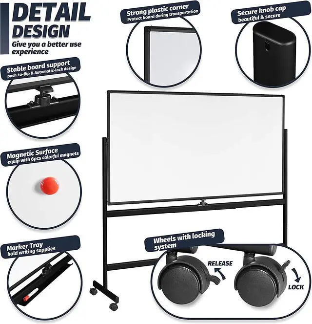 Alt view image 3 of 7 - Mobile Whiteboard 96 x 48, 360° Reversible Double Sided Magnetic Dry Erase Board with Portable Rolling Stand on Wheels, Easel Standing Board with Black Aluminum Frame