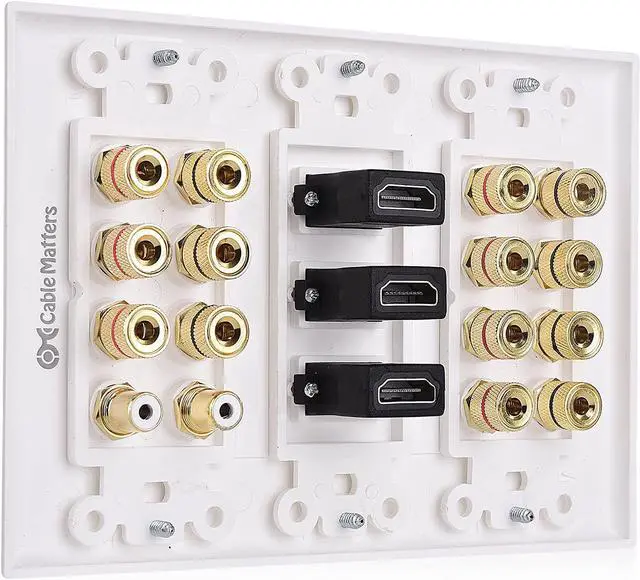 Alt view image 2 of 4 - Cable Matters Triple Gang 7.2 Speaker Wall Plate with HDMI (Home Theater Wall Plate, Banana Plug Wall Plate) in White