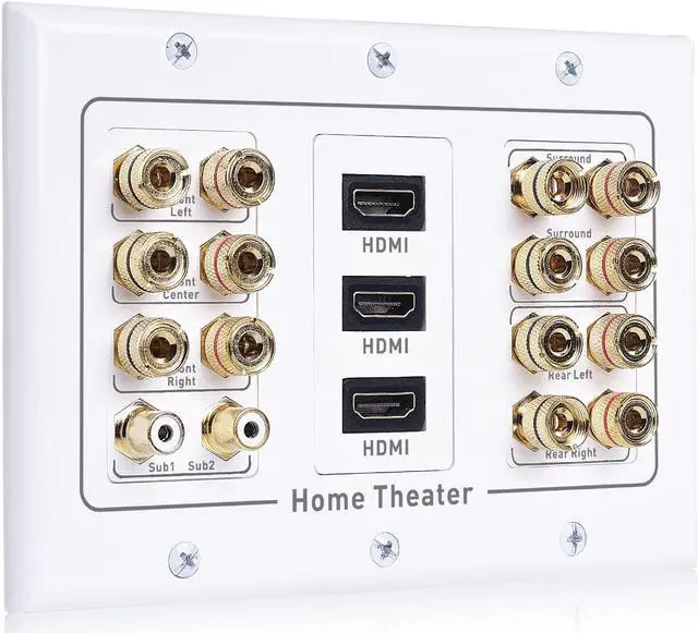 Main image of Cable Matters Triple Gang 7.2 Speaker Wall Plate with HDMI (Home Theater Wall Plate, Banana Plug Wall Plate) in White