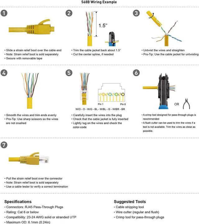 Alt view image 6 of 6 - Cable Matters 100-Pack Cat 6 Pass Through RJ45 Connectors (Cat 6 Ends / Cat6 Connector / RJ45 Modular Plugs/Ethernet Plugs/Network Connector) for Solid or Stranded UTP Ethernet Cable