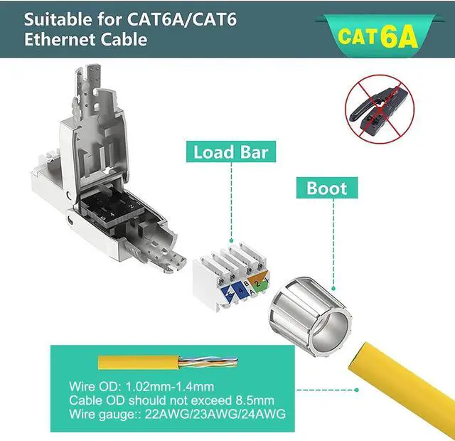 Alt view image 3 of 7 - RJ45 Cat6A Connectors Tool-Free Reusable Shielded Ethernet Termination Plugs for 23AWG SFTP UTP Cable, 10G Easy Internet Plug, Fast Field Installation 4 Pack