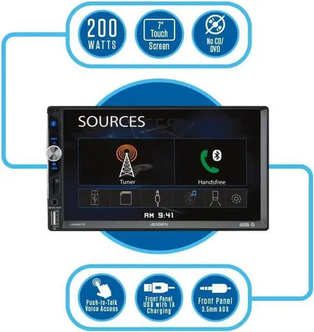 Alt view image 2 of 6 - Jensen CMR270 7-inch LED Digital Media Touch Screen Double DIN Car Stereo | Push to Talk Assistant | Backup Camera Input | Bluetooth | USB Fast Charging | microSD | No CD/DVD