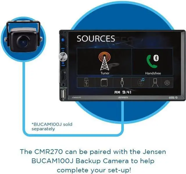 Alt view image 5 of 6 - Jensen CMR270 7-inch LED Digital Media Touch Screen Double DIN Car Stereo | Push to Talk Assistant | Backup Camera Input | Bluetooth | USB Fast Charging | microSD | No CD/DVD