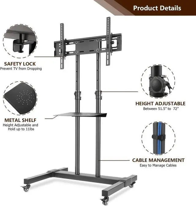 Alt view image 5 of 7 - Mobile TV Stand Rolling TV Cart Floor Stand with Mount on Lockable Wheels Height Adjustable Shelf for 32-80 Inch TV Stand Flat Screen or Curved TVs Monitors Display Trolley Loading 110 lbs