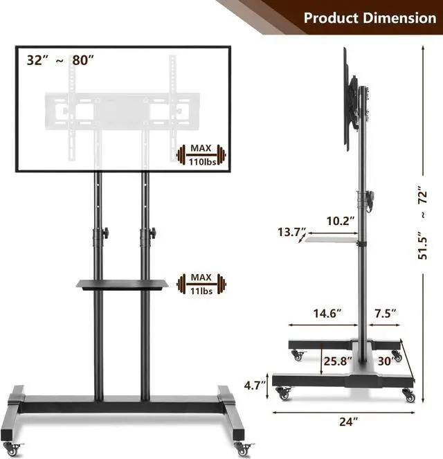 Alt view image 3 of 7 - Mobile TV Stand Rolling TV Cart Floor Stand with Mount on Lockable Wheels Height Adjustable Shelf for 32-80 Inch TV Stand Flat Screen or Curved TVs Monitors Display Trolley Loading 110 lbs