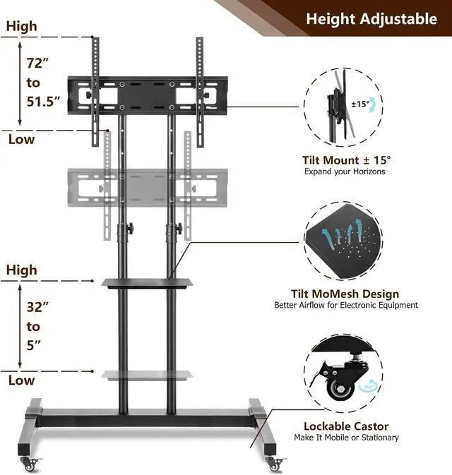 Alt view image 4 of 7 - Mobile TV Stand Rolling TV Cart Floor Stand with Mount on Lockable Wheels Height Adjustable Shelf for 32-80 Inch TV Stand Flat Screen or Curved TVs Monitors Display Trolley Loading 110 lbs