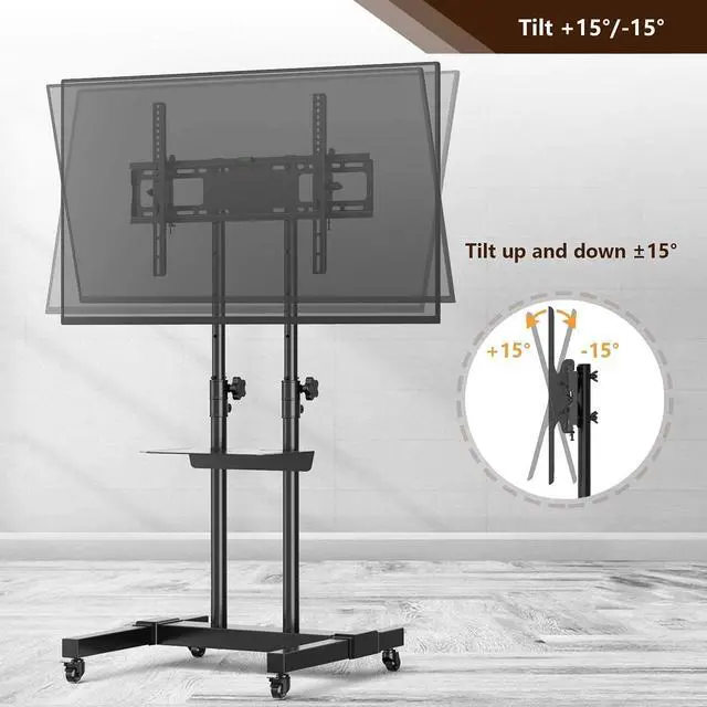 Alt view image 6 of 7 - Mobile TV Stand Rolling TV Cart Floor Stand with Mount on Lockable Wheels Height Adjustable Shelf for 32-80 Inch TV Stand Flat Screen or Curved TVs Monitors Display Trolley Loading 110 lbs