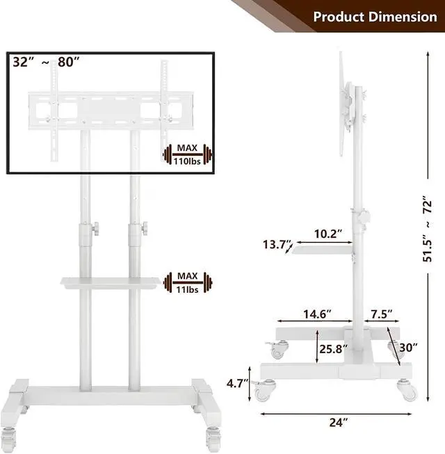 Alt view image 3 of 7 - Mobile TV Stand Rolling TV Cart Floor Stand with Mount on Lockable Wheels Height Adjustable Shelf for 32-80 Inch TV Stand Flat Screen or Curved TVs Monitors Display Trolley Loading 110 lbs, White
